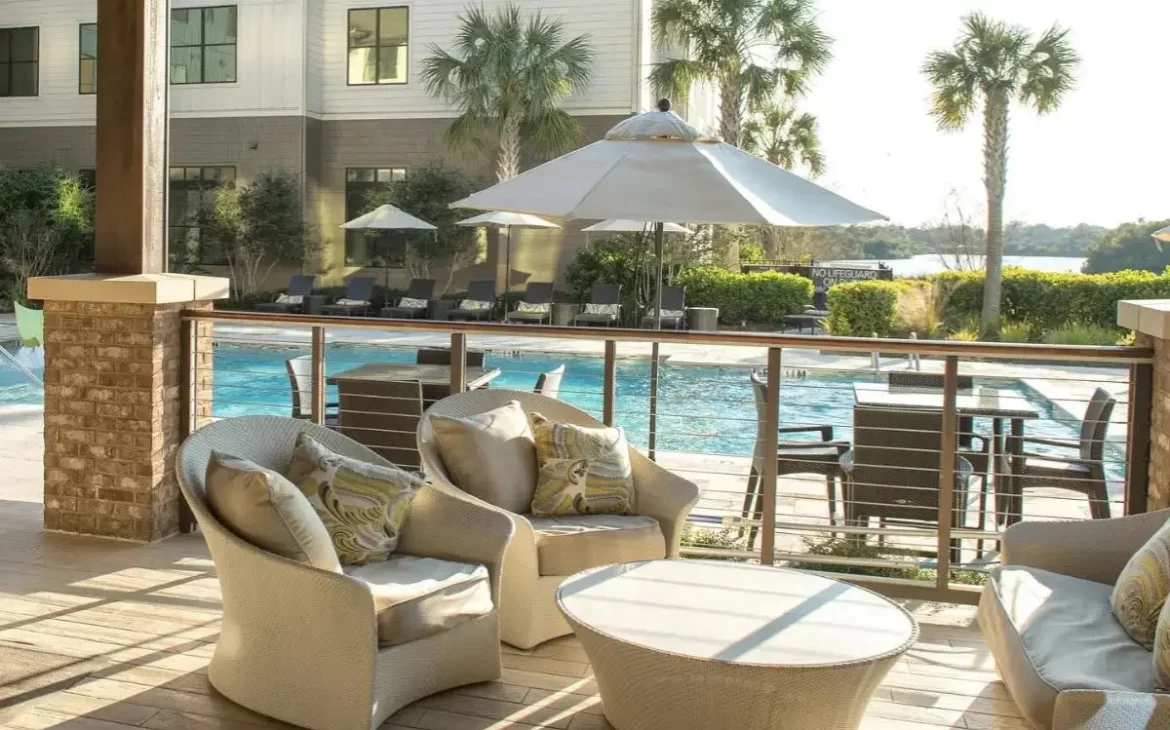 The luxurious pool deck and lounge area at The Andell Inn, which is one of the best places to stay on Kiawah Island SC for an intimate experience